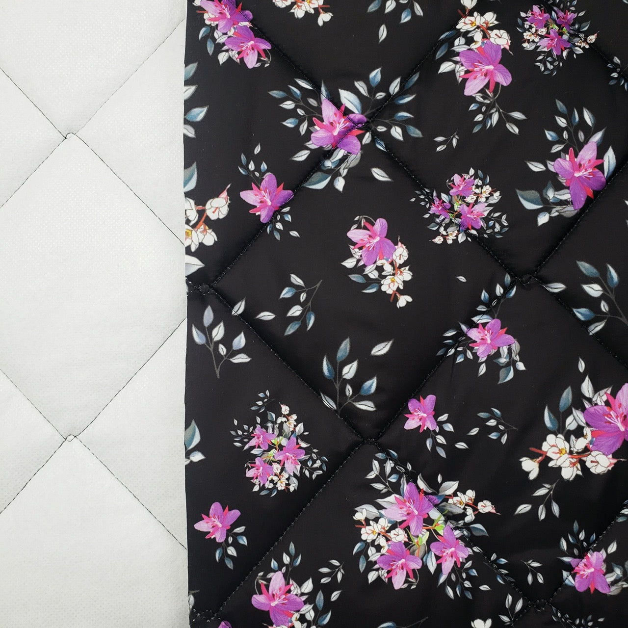 Quilted PrimaSoft® / Radiantex®, 15oz - Arctic Floral by Martha Kyak - Black (stitch)