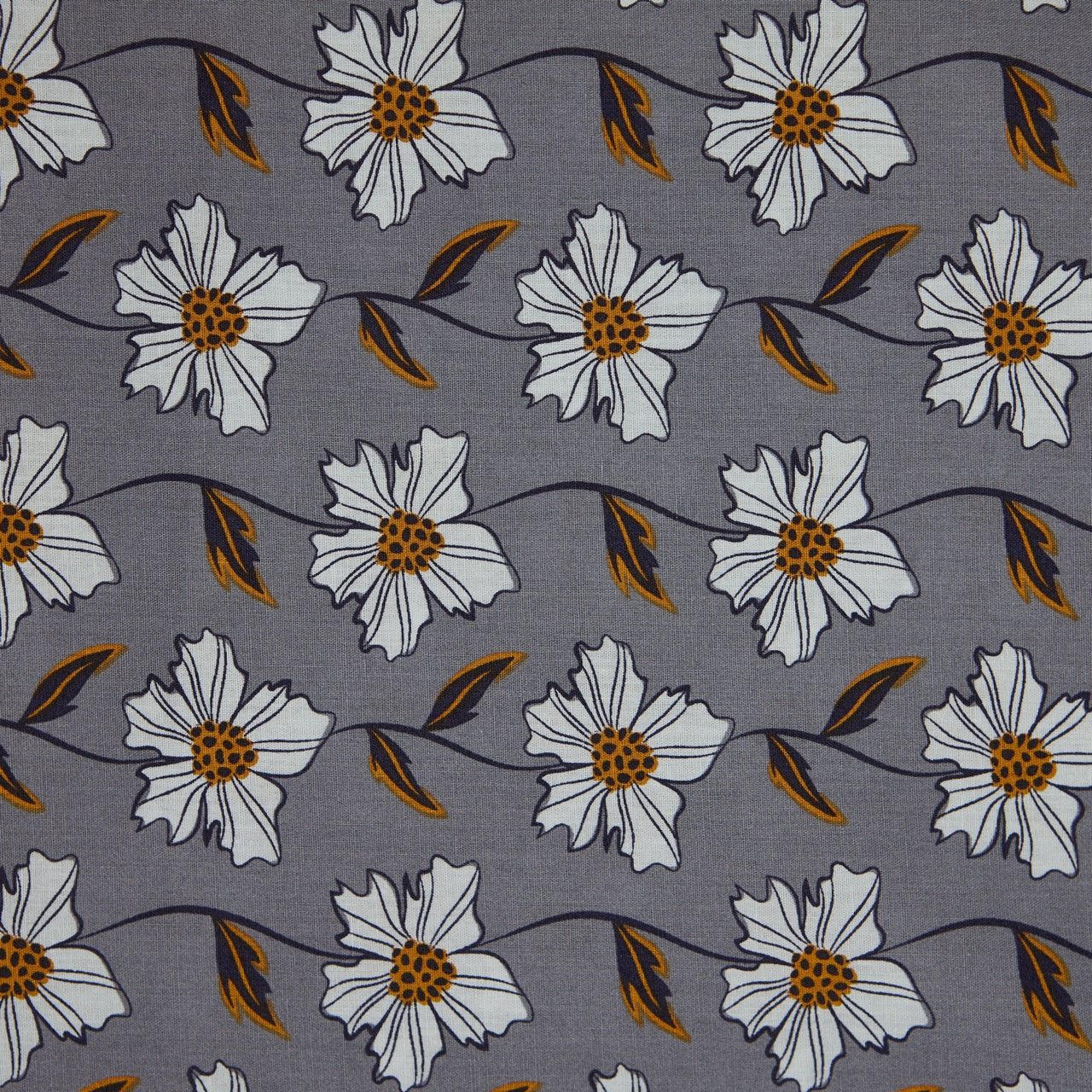 Cotton Floral - Daisy Chain - Grey (detail)